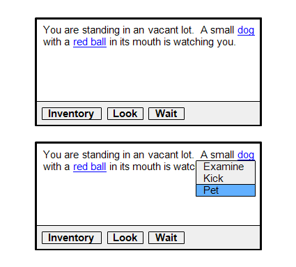 Text description of location, with inline links and resulting pop-up menu, plus row of three verb buttons along the buttom.