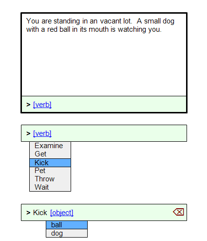 Text description of location, and entry field repeated showing different menu states of command construction.