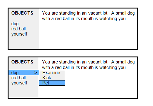 Text description of location, and objects menu, with fly-out menu with verbs related to that object.