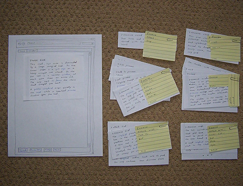 Photograph of paper prototype, including background sheet, various menus built from post-it notes, and resulting output on slips of paper.